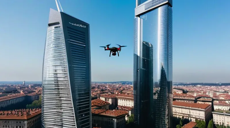 Galeazzi sorvola con un piccolo aeromobile a pilotaggio remoto tra i grandi edifici del complesso City
